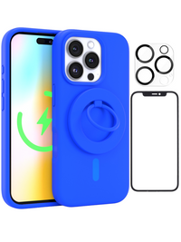 Neon Blue Silicone iPhone Case With MagSafe Ring Grip, Screen & Camera Protector Bundle