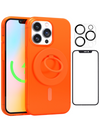 Neon Orange Crystal Clear iPhone Case With MagSafe Ring Grip, Screen & Camera Protector Bundle