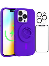 Neon Purple Silicone iPhone Case With MagSafe Ring Grip, Screen & Camera Protector Bundle