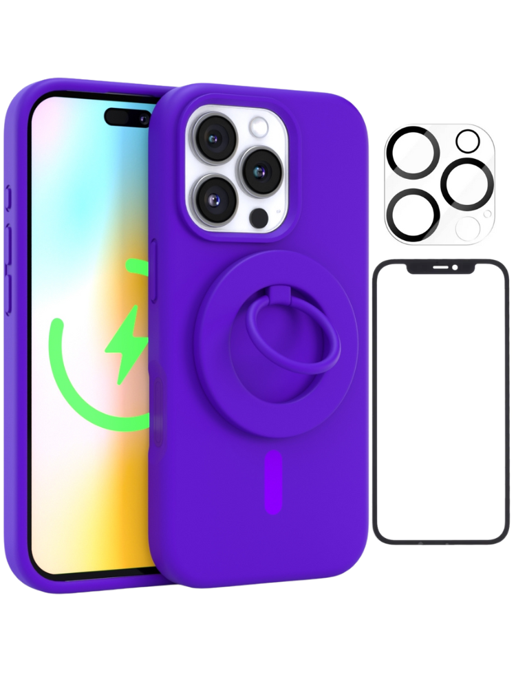 Neon Purple Silicone iPhone Case With MagSafe Ring Grip, Screen & Camera Protector Bundle