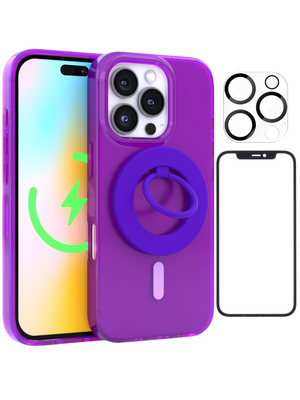 Neon Purple Crystal Clear iPhone Case With MagSafe Ring Grip, Screen & Camera Protector Bundle