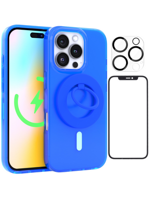 Neon Blue Crystal Clear iPhone Case With MagSafe Ring Grip, Screen & Camera Protector Bundle