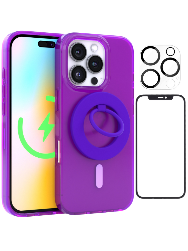 Neon Purple Crystal Clear iPhone Case With MagSafe Ring Grip, Screen & Camera Protector Bundle