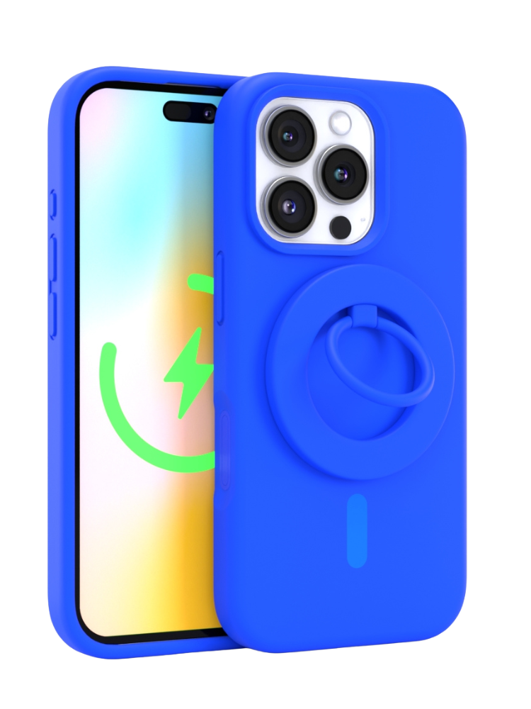 Neon Blue Silicone iPhone Case With MagSafe Ring Grip Bundle