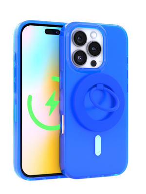 Neon Blue Crystal Clear iPhone Case With MagSafe Ring Grip Bundle