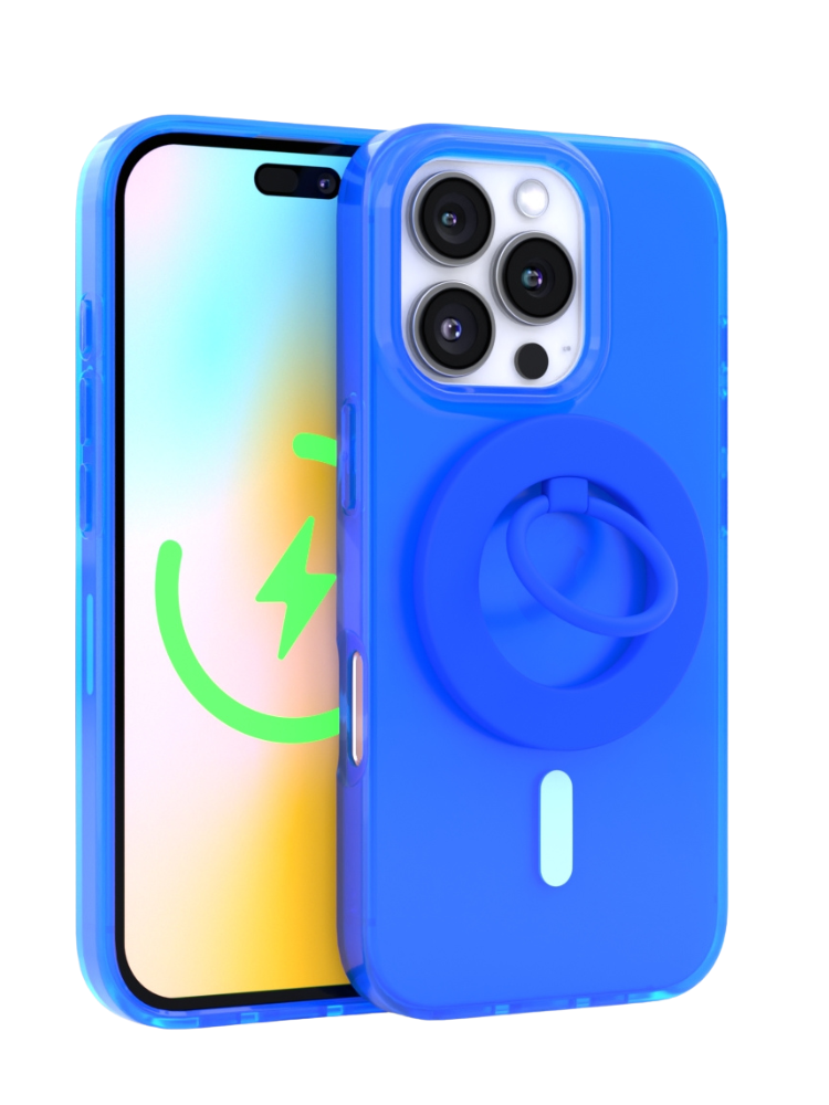 Neon Blue Crystal Clear iPhone Case With MagSafe Ring Grip Bundle