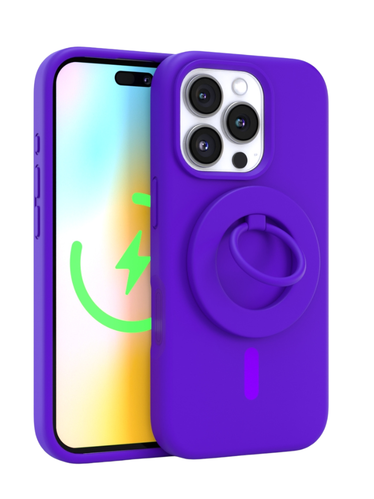 Neon Purple Silicone iPhone Case With MagSafe Ring Grip Bundle