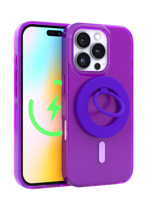 Neon Purple Crystal Clear iPhone Case With MagSafe Ring Grip Bundle