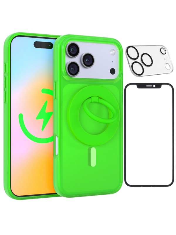 Neon Green Crystal Clear iPhone Case With MagSafe Ring Grip, Screen & Camera Protector Bundle