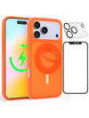 Neon Orange Crystal Clear iPhone Case With MagSafe Ring Grip, Screen & Camera Protector Bundle