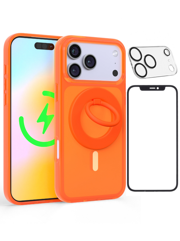 Neon Orange Crystal Clear iPhone Case With MagSafe Ring Grip, Screen & Camera Protector Bundle
