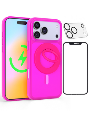Neon Pink Crystal Clear iPhone Case With MagSafe Ring Grip, Screen & Camera Protector Bundle