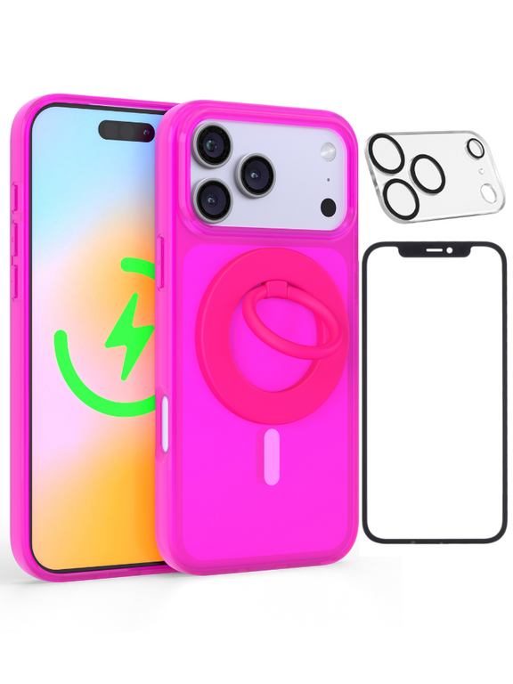 Neon Pink Crystal Clear iPhone Case With MagSafe Ring Grip, Screen & Camera Protector Bundle