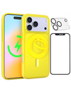 Neon Yellow Crystal Clear iPhone Case With MagSafe Ring Grip, Screen & Camera Protector Bundle