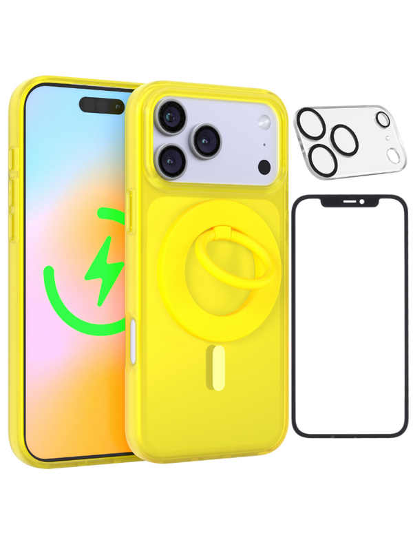 Neon Yellow Crystal Clear iPhone Case With MagSafe Ring Grip, Screen & Camera Protector Bundle
