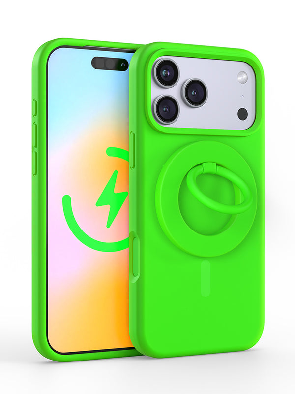 Neon Green Silicone iPhone Case With MagSafe Ring Grip Bundle