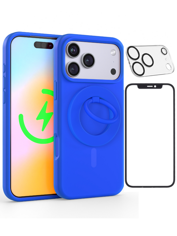Neon Blue Silicone iPhone Case With MagSafe Ring Grip, Screen & Camera Protector Bundle