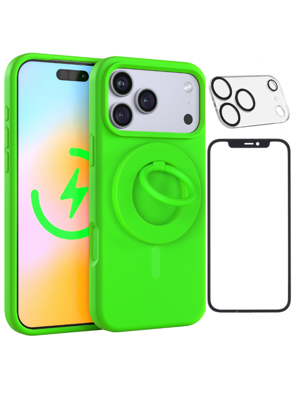 Neon Green Silicone iPhone Case With MagSafe Ring Grip, Screen & Camera Protector Bundle