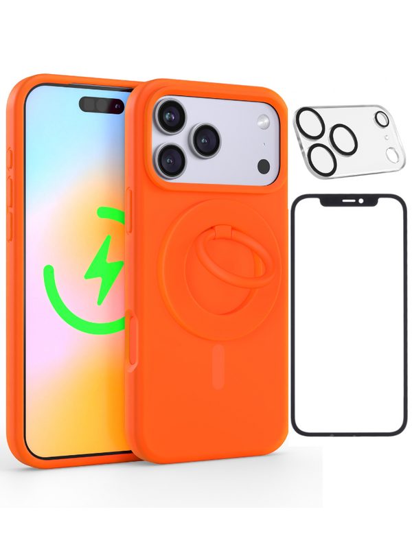 Neon Orange Silicone iPhone Case With MagSafe Ring Grip, Screen & Camera Protector Bundle