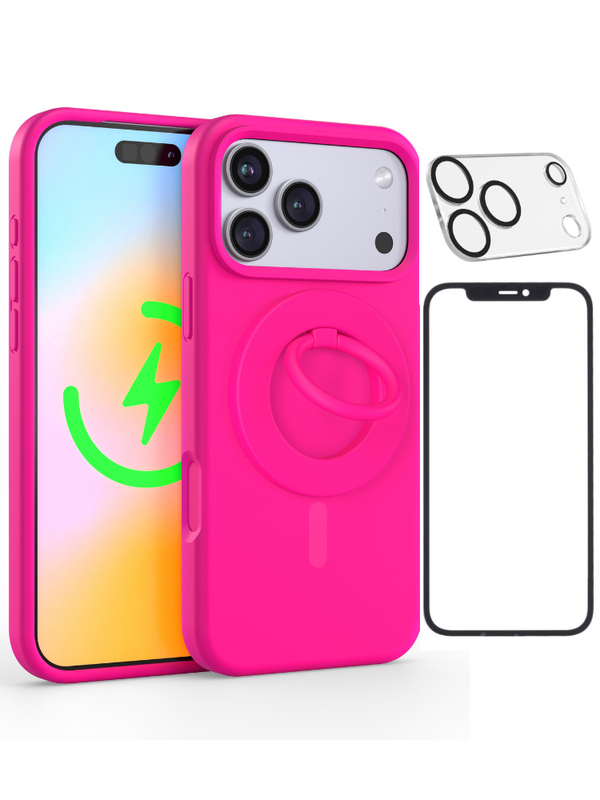 Neon Pink Silicone iPhone Case With MagSafe Ring Grip, Screen & Camera Protector Bundle