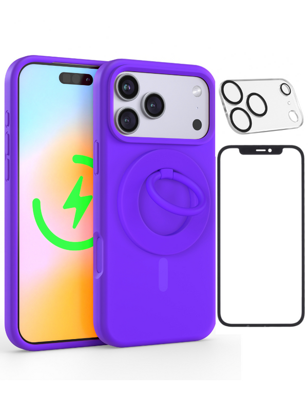 Neon Purple Silicone iPhone Case With MagSafe Ring Grip, Screen & Camera Protector Bundle