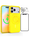 Neon Yellow Silicone iPhone Case With MagSafe Ring Grip, Screen & Camera Protector Bundle