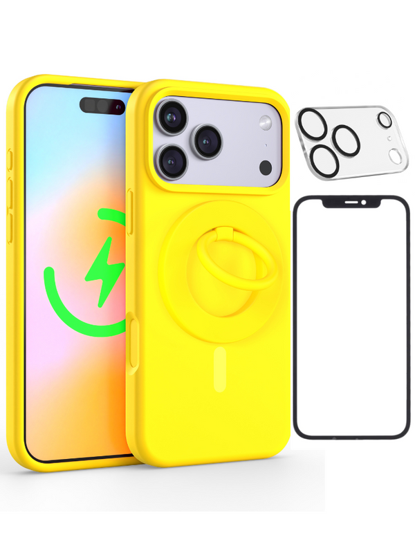 Neon Yellow Silicone iPhone Case With MagSafe Ring Grip, Screen & Camera Protector Bundle