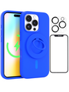 Neon Blue Silicone iPhone Case With MagSafe Ring Grip, Screen & Camera Protector Bundle