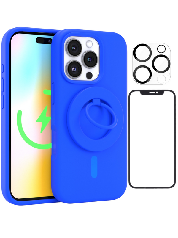 Neon Blue Silicone iPhone Case With MagSafe Ring Grip, Screen & Camera Protector Bundle