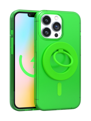 Neon Green Crystal Clear iPhone Case With MagSafe Ring Grip Bundle