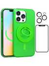 Neon Green Crystal Clear iPhone Case With MagSafe Ring Grip, Screen & Camera Protector Bundle