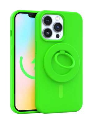 Neon Green Silicone iPhone Case With MagSafe Ring Grip Bundle
