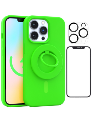 Neon Green Silicone iPhone Case With MagSafe Ring Grip, Screen & Camera Protector Bundle