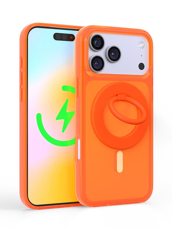 Neon Orange Crystal Clear iPhone Case With MagSafe Ring Grip Bundle