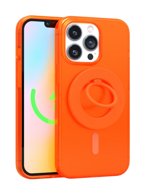 Neon Orange Crystal Clear iPhone Case With MagSafe Ring Grip Bundle