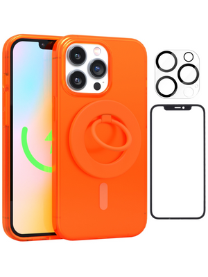 Neon Orange Crystal Clear iPhone Case With MagSafe Ring Grip, Screen & Camera Protector Bundle