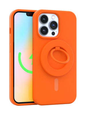 Neon Orange Silicone iPhone Case With MagSafe Ring Grip Bundle