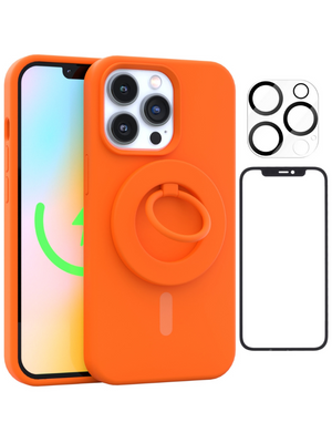Neon Orange Silicone iPhone Case With MagSafe Ring Grip, Screen & Camera Protector Bundle