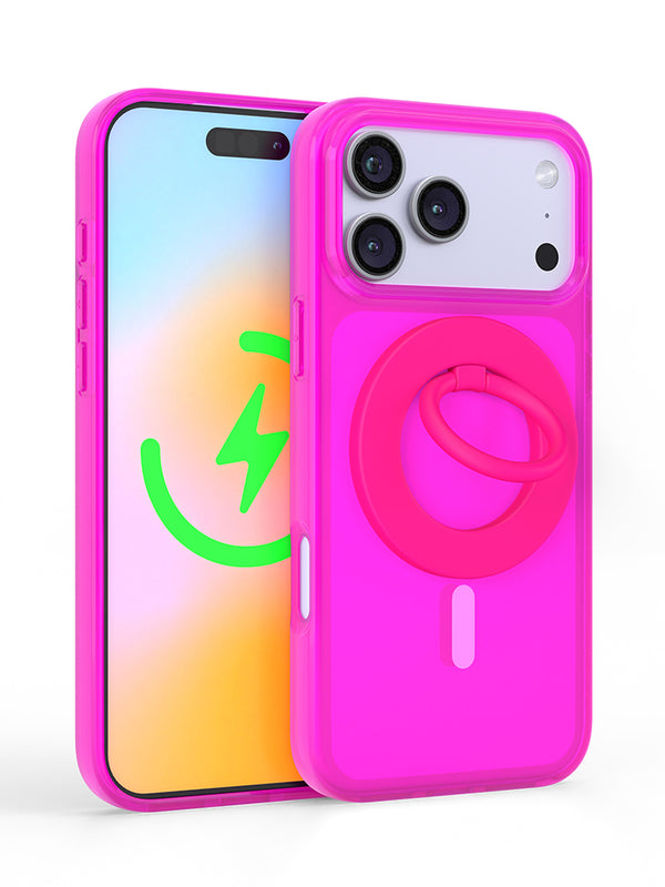 Neon Pink Crystal Clear iPhone Case With MagSafe Ring Grip Bundle