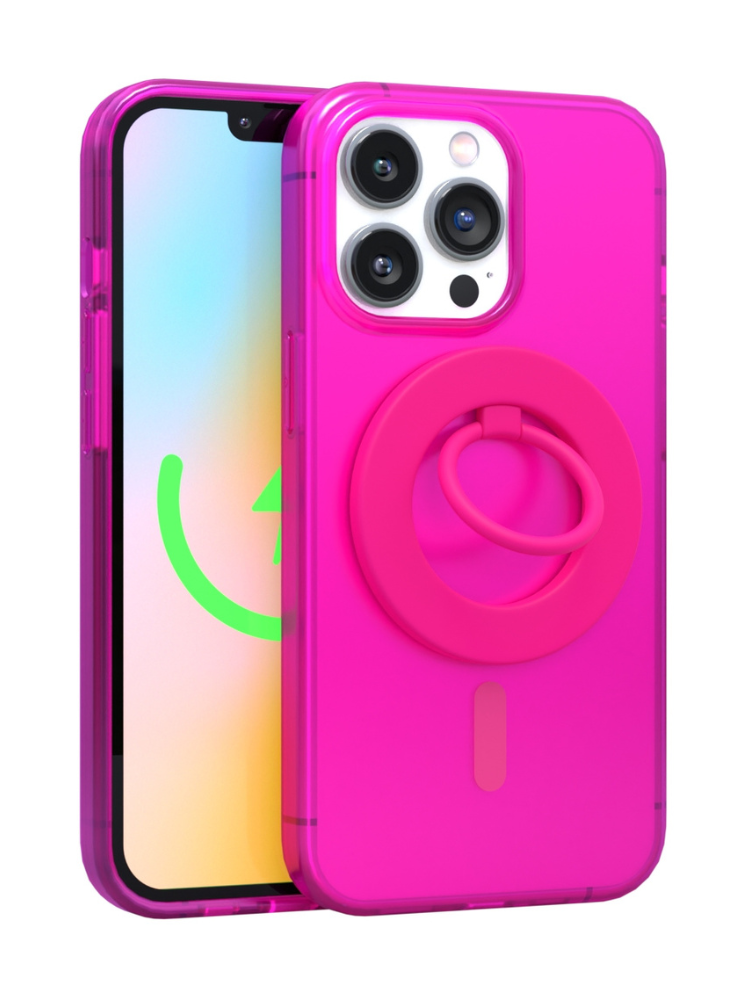 Neon Pink Crystal Clear iPhone Case With MagSafe Ring Grip Bundle
