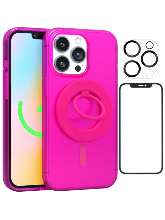 Neon Pink Crystal Clear iPhone Case With MagSafe Ring Grip, Screen & Camera Protector Bundle
