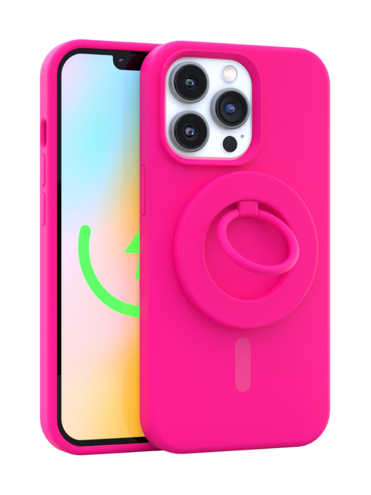 Neon Pink Silicone iPhone Case With MagSafe Ring Grip Bundle
