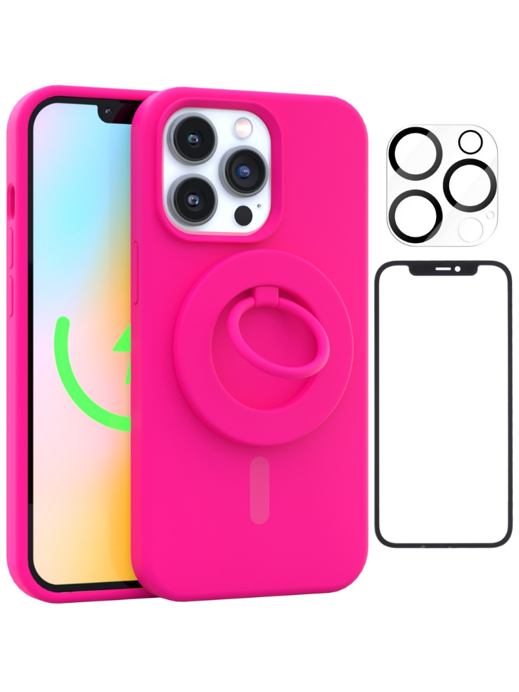 Neon Pink Silicone iPhone Case With MagSafe Ring Grip, Screen & Camera Protector Bundle
