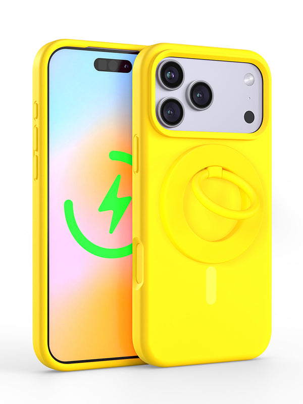 Neon Yellow Silicone iPhone Case With MagSafe Ring Grip Bundle