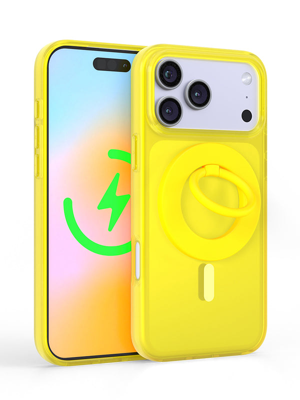 Neon Yellow Crystal Clear iPhone Case With MagSafe Ring Grip Bundle