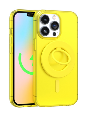 Neon Yellow Crystal Clear iPhone Case With MagSafe Ring Grip Bundle