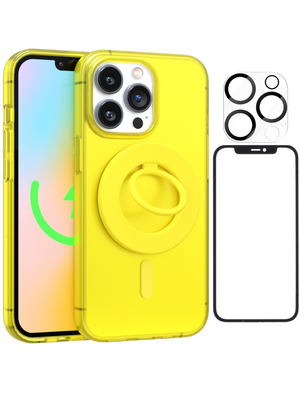 Neon Yellow Crystal Clear iPhone Case With MagSafe Ring Grip, Screen & Camera Protector Bundle