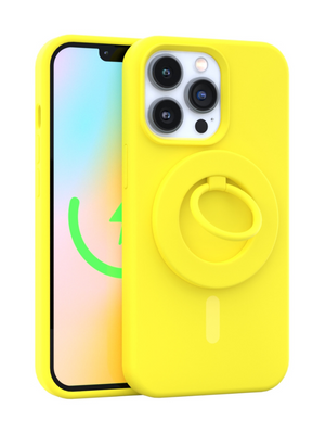 Neon Yellow Silicone iPhone Case With MagSafe Ring Grip Bundle