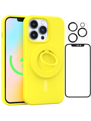 Neon Yellow Silicone iPhone Case With MagSafe Ring Grip, Screen & Camera Protector Bundle