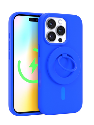 Neon Blue Silicone iPhone Case With MagSafe Ring Grip Bundle